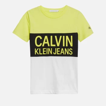 Image of Calvin Klein Jeans Boys Colour Block Logo Fitted T-Shirt - Yellow Lime - 8 Years