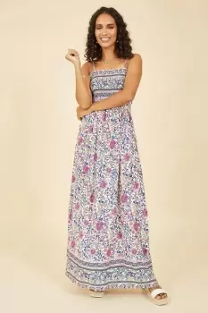 Image of Pink Border Floral Print Shirred Maxi Dress