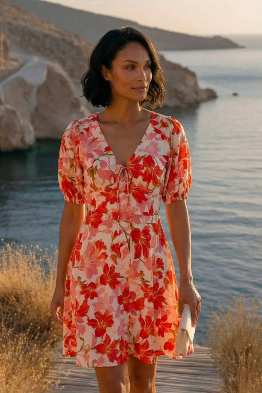 Image of Dusk Womens Floral Tie Front Dress in Red Size: 10 Red Female 10