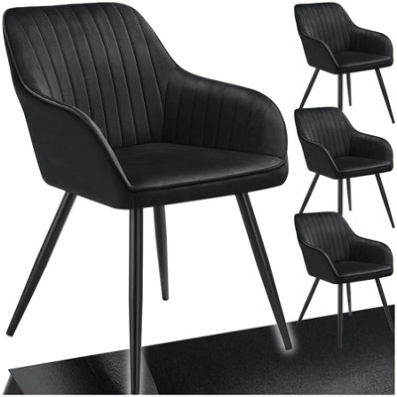 Image of Tectake Set Of 4 Chair Marilyn - Velvet Look, Quilted, Continuous Backrest, Slim Steel Legs - Black/black