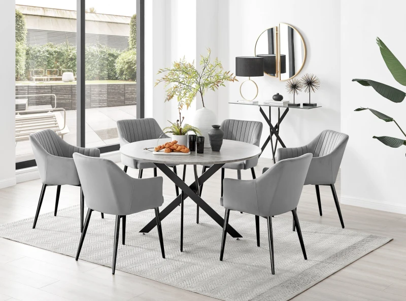 Image of FurnitureboxUK FurnitureboxUK Novara Grey Concrete Effect Black Leg 120cm Round Dining Table & 6 Calla Black Leg Chairs Grey One Size Unisex 505665711