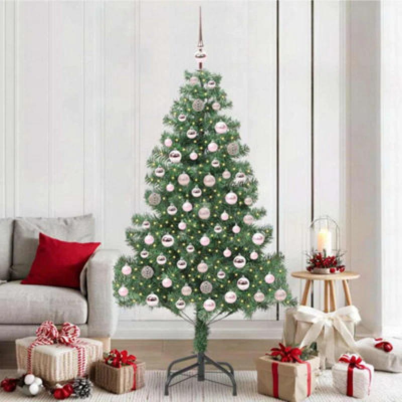 Image of vidaXL Christmas Tree with 300 LEDs, Pink Balls with Stand Green 210cm PVC, Green 3396391