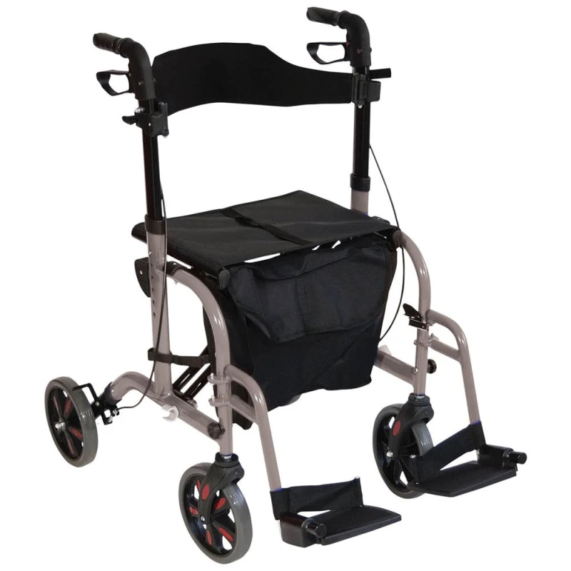 Image of Loops Grey Deluxe Aluminium Rollator and Transit Chair 2-in-1 Dual Function Walker Grey