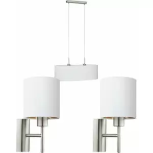 Image of Ceiling Pendant Light & 2x Matching Wall Lights Satin Nickel White Fabric Linear