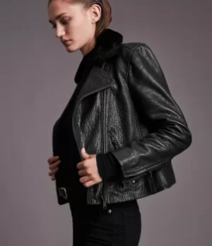 Image of AllSaints Womens Dalby Bubble Leather Biker Jacket, Black, Size: 8