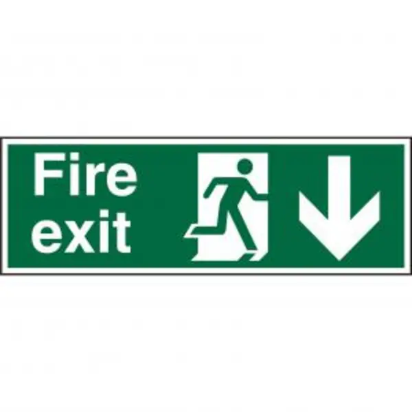 Image of Stewart Superior Seco Safe Prodecure Safety Sign Fire Exit Man Running Right and Arrow Pointing Down Semi Rigid Plastic 450 x 150mm - SP124SRP450X150