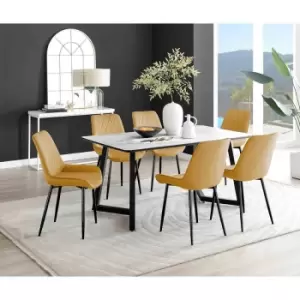 Image of Furniture Box Carson White Marble Effect Dining Table and 6 Mustard Pesaro Black Leg Chairs