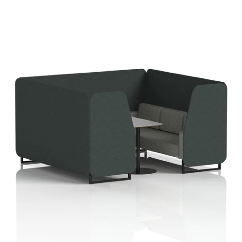 Image of Brixworth 6 Seater Office Booth with Front Panel - Black Legs and Grey Table with Black Leg in Rivet Fabric - Charcoal Panels and Vitreous Sofa