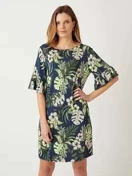 Image of Wallis Tropical Print Frill Sleeve Shift Dress - Navy, Blue, Size 8, Women
