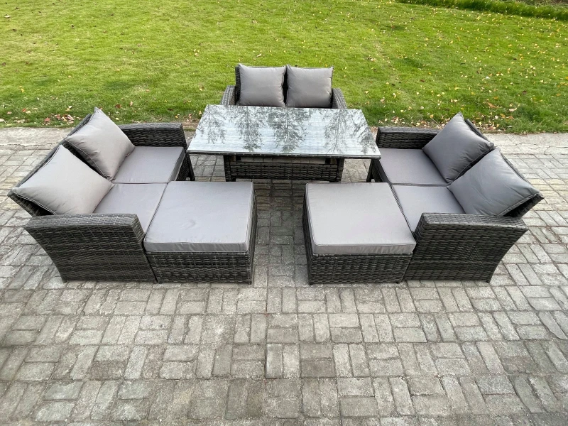 Image of Fimous High Back Outdoor Garden Furniture Rattan Sofa Dining Table Set with 2 Big Footstool Dark Grey Mixed Dark Grey Unisex
