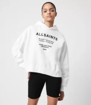 Image of AllSaints Womens Cotton Logo Print Relaxed Fit Co-ordinates Talie Hoodie, White, Size: M