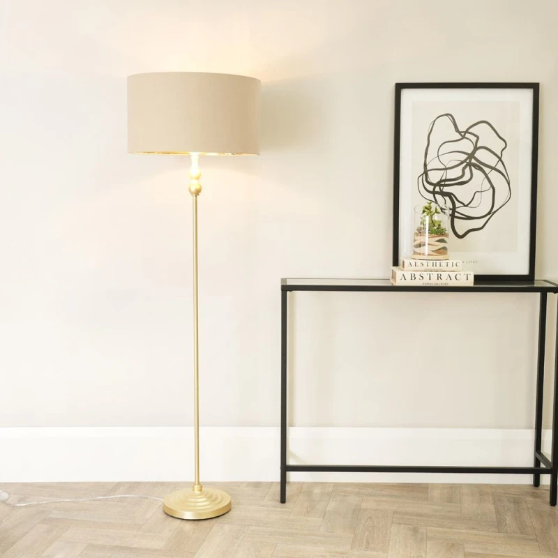 Image of ValueLights Maggie Gold Candlestick Floor Lamp with Beige and Metallic Gold Shade and Bulb Beige