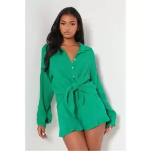 Image of I Saw It First Green Crinkle Linen Tie Front Shirt - Green