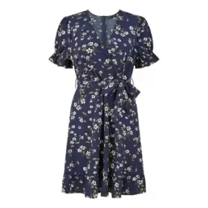 Image of Mela London Navy Daisy Print Wrap Over Mini Dress - Blue