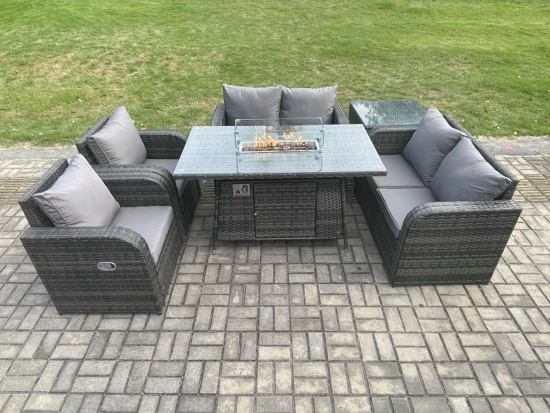 Image of Fimous 6 Seater Rattan Garden Furniture Set Propane Gas Fire Pit Table and Sofa Chair set with Side Table Dark Grey