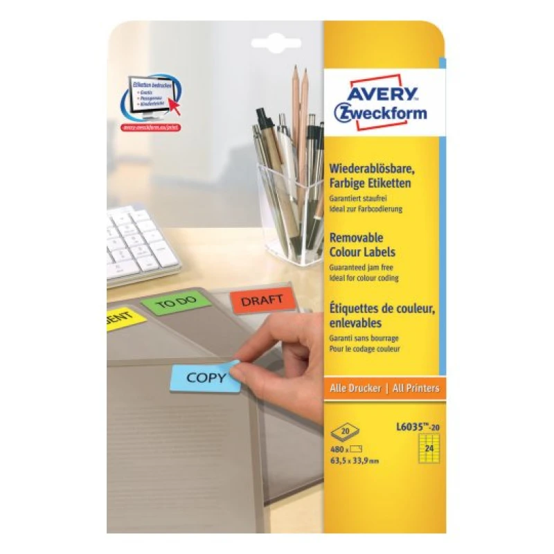 Image of Avery L6035-20 self-adhesive label Rounded rectangle Removable Yellow