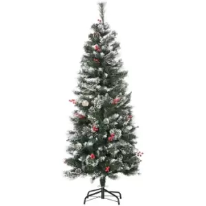 Image of Snow Tipped Slim Artificial Christmas Tree with Red Berries and Pine Cones 5ft, Green