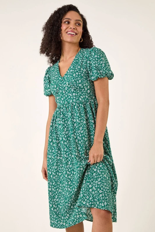 Image of Roman Womens Ditsy Print V-Neck Midi Dress in Green Size: 20 Green Female 20