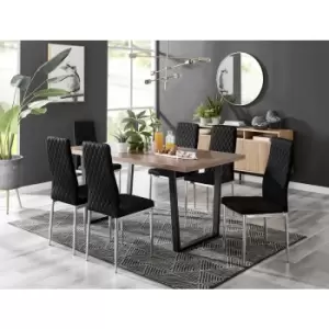 Image of Furniturebox UK - Furniturebox Kylo Brown Wood Effect Dining Table & 6 Black Milan Velvet Dining Chairs Diamond Stitch Modern Contemporary Chrome
