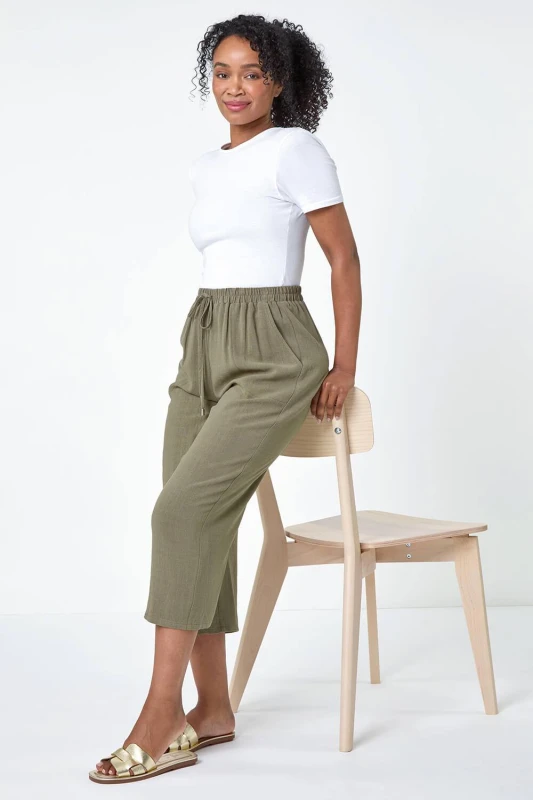 Image of Roman Womens Petite Linen Mix Wide Cropped Trousers in Khaki Size: 10 Khaki Female 10