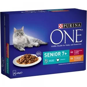 Image of Purina One Senior 7+ Mini Fillets Chicken and Beef Wet Cat Food 8 x 85g