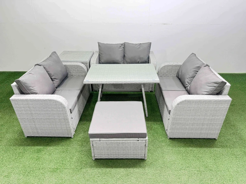Image of Fimous 7-seater Patio Rectangular Table Love Sofa Set with Side Table Stool in Light Grey Light Grey Unisex