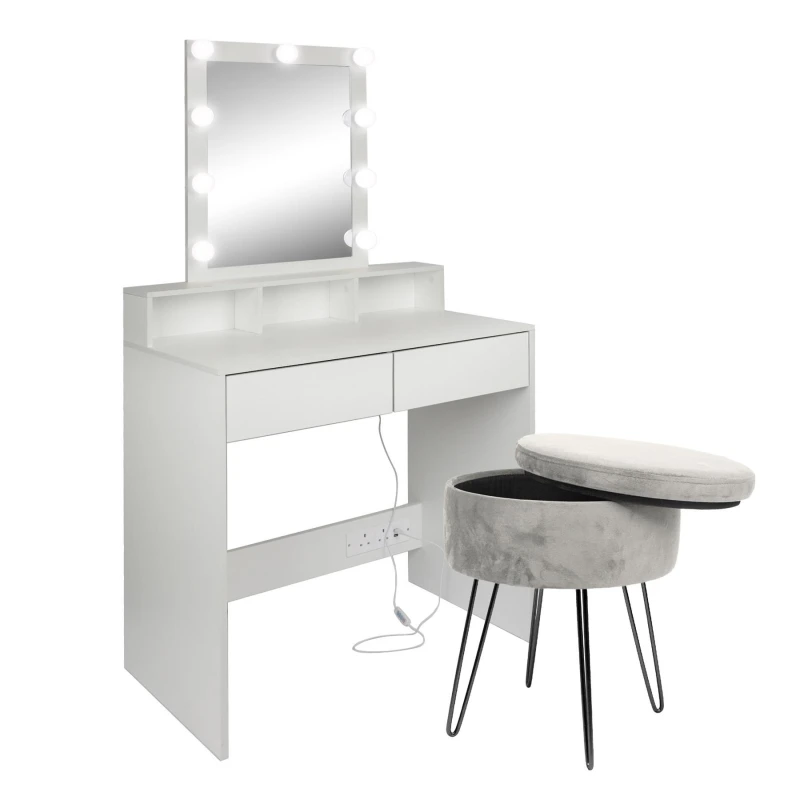Image of Harbour Housewares Wooden Dressing Table Set with LED Lights & Stool in Grey Grey Unisex