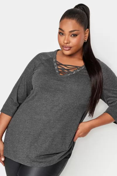 Image of Yours Lace Up Eyelet Top Charcoal