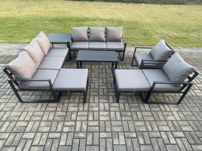Image of Fimous Aluminium Outdoor Garden Furniture Lounge Sofa 2 PC Chairs Oblong Coffee Table Sets with Side Table 2 Big Footstool Dark Grey Dark Grey Unisex