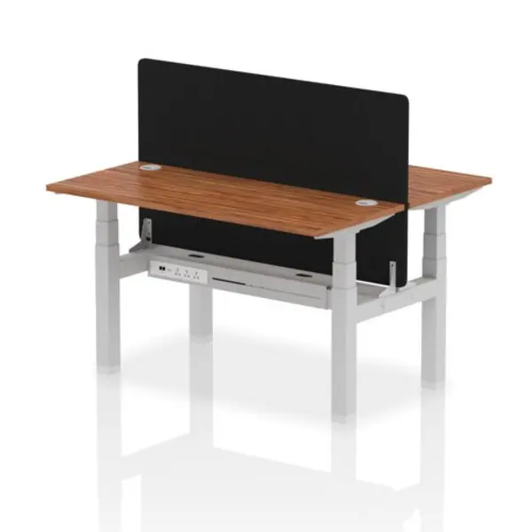 Image of Air Air Back-to-Back 1400 x 600mm Height Adjustable 2 Person Bench Desk Walnut Top with Cable Ports Silver Frame with Black Straight Screen HASCP2P14