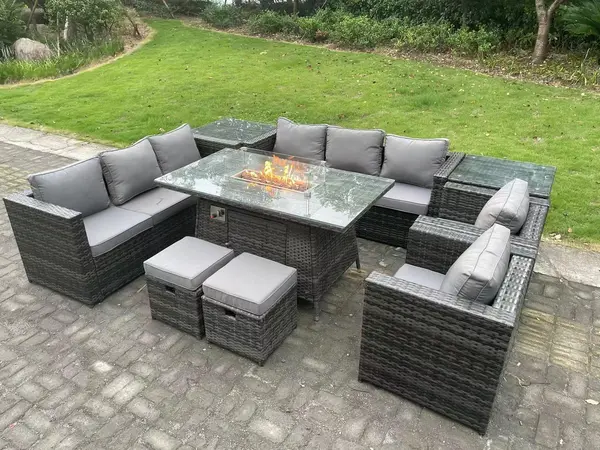 Image of Fimous 8 Seater Outdoor Dark Grey Rattan Lounge Complete Sofa Set with Gas Firepit and 2 Big Footstools