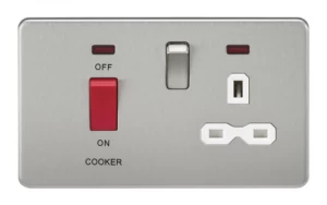 Image of KnightsBridge 2G 45A DP 230V Screwless Brushed Chrome Switch With Neon and Socket - White Insert