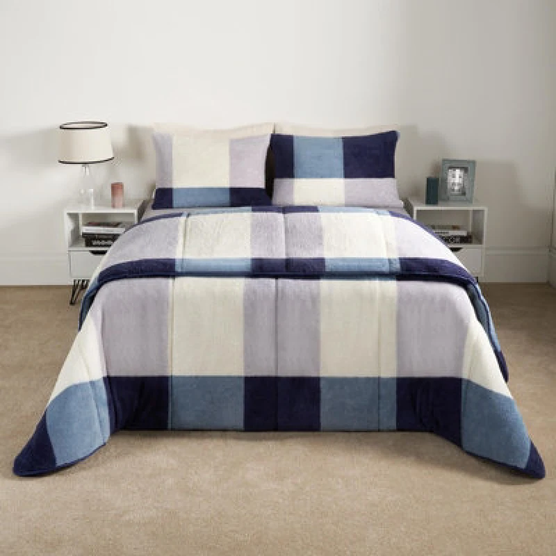 Image of OHS OHS Check Coverless Duvet Pillowcase Bedding Set Teddy Fleece Gingham Quilt 10.5 TOG in Dark Navy Size: King Dark Navy King Unisex 5027434197057
