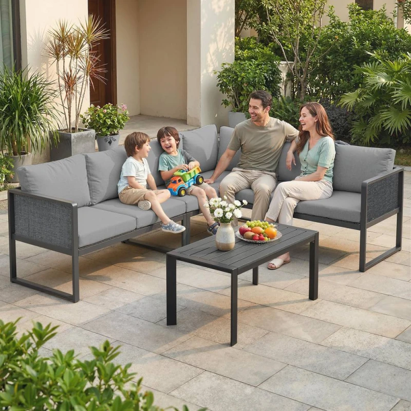 Image of OUTSUNNY 6 Seater Metal Garden Furniture Corner Sofa Set, Dark Grey Size: 120 Dark Grey Unisex 120