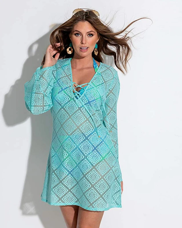 Image of Pour Moi? Crochet Lace Long Sleeve Beach Cover Up Aqua - Pour Moi? - Size: 16 Aqua Female 16 XY87105
