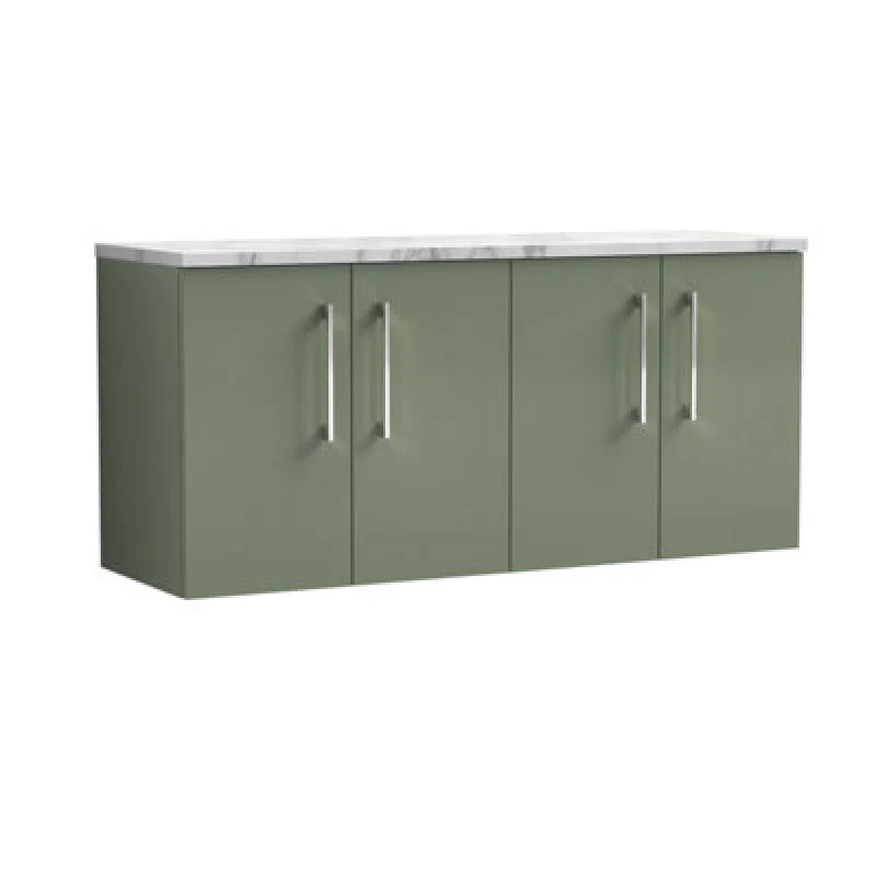 Image of Nuie Arno Wall Hung 4-Door Vanity Unit With Laminate Worktop In Carrera Marble, Premium Counter Top Vanity Unit In Satin Green
