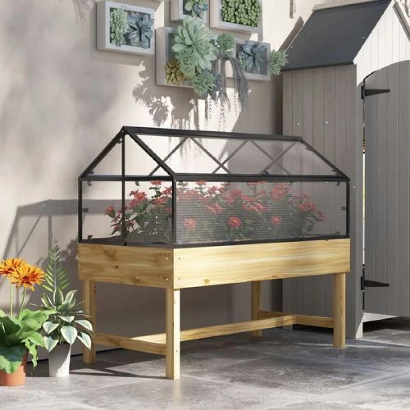 Image of Outsunny Raised Garden Bed with Cold Frame Greenhouse with Polycarbonate Panel Top Vent Natural