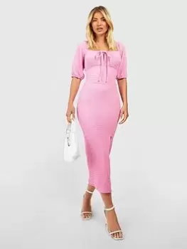 Image of Boohoo Textured Rouched Midi Dress - Pink, Size 16, Women