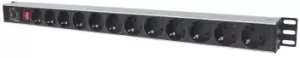 Image of Vertical Rackmount 12-Way Power Strip - German Type - With On/Off Switch and Overload Protection - 1.6m Power Cord (Euro 2-pin plug) - 1U - Horizontal