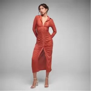 Image of Missguided Ruched Button Slinky Midaxi Shirt Dress - Red