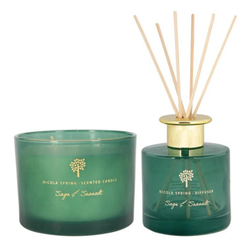 Image of Nicola Spring Scented Candle & Reed Diffuser Set - 350G - Sage & Seasalt - Herbal Spa Fragrance Double Wick
