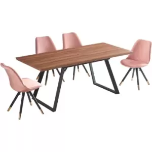 Image of 5 Pieces Life Interiors Sofia Toga Dining Set - an Extendable Brown Rectangular Wooden Dining Table and Set of 4 Pink Dining Chairs - Pink