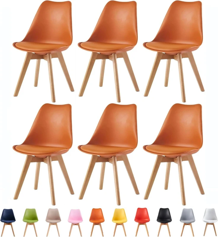 Image of MCC Direct Set of 6 Dining Chairs with Solid Wooden Legs & Seat Cushion Pads in Grey - Eva by MCC in Orange Orange Unisex