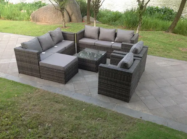 Image of Fimous 8 Seater Outdoor Dark Grey Rattan Lounge Complete Sofa Set with Big Footstool