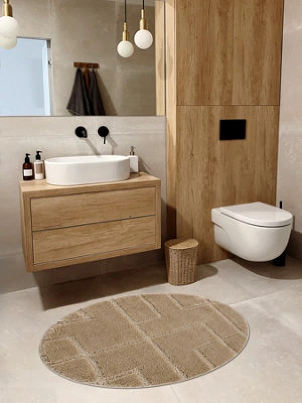 Image of RugsX Bathroom Rug Supreme Circle Lines, Non-Slip, Soft - Beige Circle 100 Cm