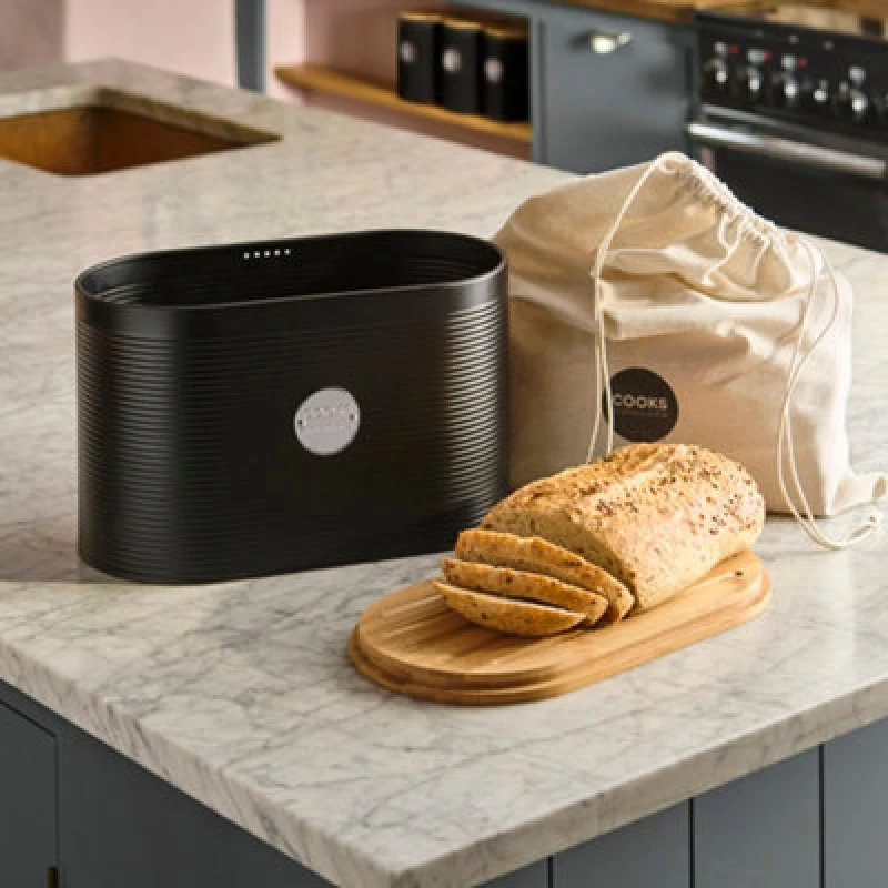 Image of Cooks Professional Ribbed Bread Bin With Linen Bag & 2-In-1 Bamboo Cutting Board Lid - Black & Silver