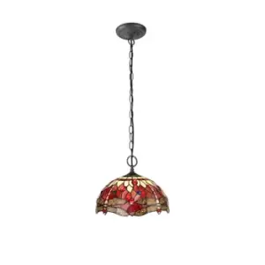 Image of 2 Light Downlighter Ceiling Pendant E27 With 30cm Tiffany Shade, Purple, Pink, Crystal, Aged Antique Brass