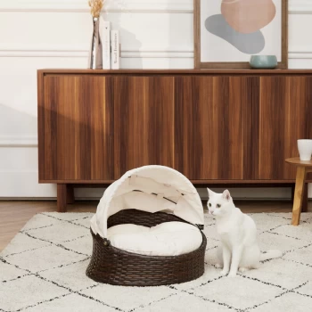 Image of Clotho Indoor Outdoor Rattan Cat or Small Dog Bed Lounger with Retractable Canopy & Removeable Washable Cushion Brown/Cream ST-N10004-UK - Brown