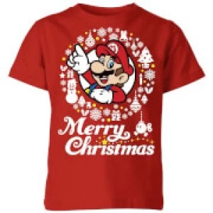 Image of Nintendo Super Mario Merry Christmas White Wreath Kid's T-Shirt - Red - 5-6 Years