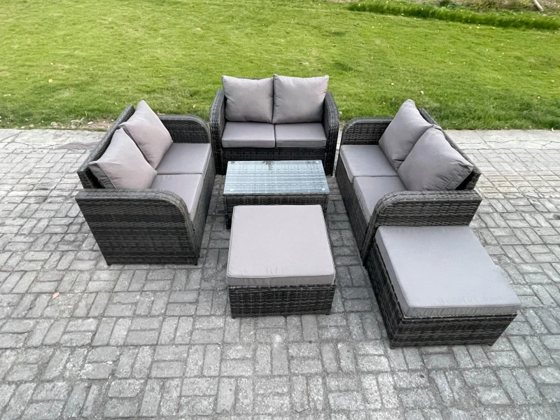 Image of Fimous 8 Seater Garden Furniture Set Rattan Lounge Sofa Chair With Tempered Glass Table Big Footstool Dark Grey Mixed Dark Grey